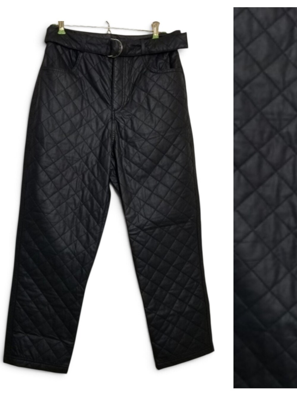 NWT Zara Quilted Faux Leather Pants S High Rise Belt Straight Leg Trousers Black